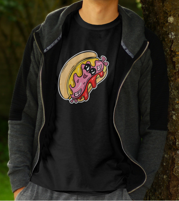 Wiener Smiling Hot Dog With Melted Cheese And Ketchup Cartoon Character T-Shirt