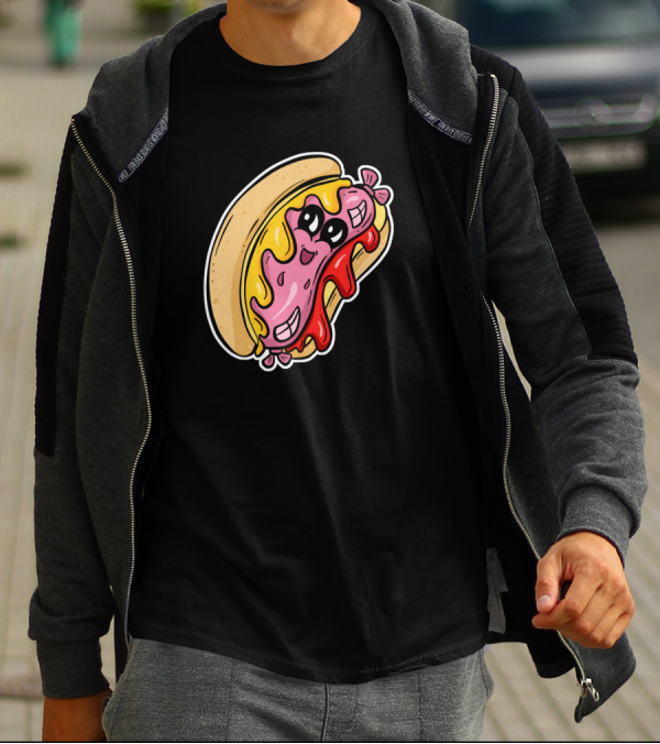 Wiener Smiling Hot Dog With Melted Cheese And Ketchup Cartoon Character T-Shirt
