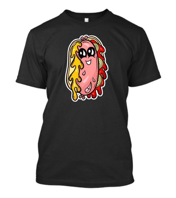 Kawaii Weenie Roast Hot Dog Drenched In Mustard And Ketchup Cartoon Character T-Shirt