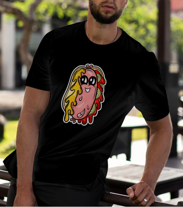 Kawaii Weenie Roast Hot Dog Drenched In Mustard And Ketchup Cartoon Character T-Shirt