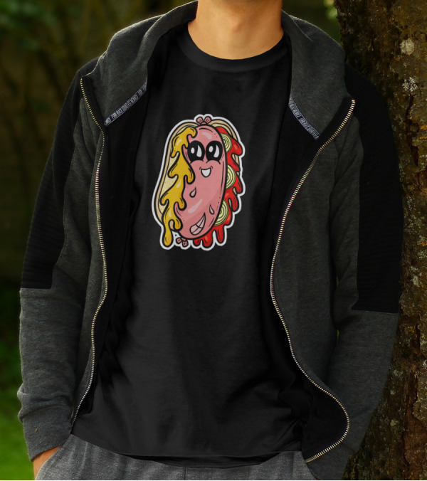 Kawaii Weenie Roast Hot Dog Drenched In Mustard And Ketchup Cartoon Character T-Shirt