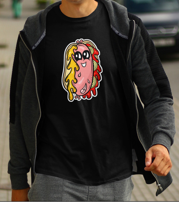 Kawaii Weenie Roast Hot Dog Drenched In Mustard And Ketchup Cartoon Character T-Shirt