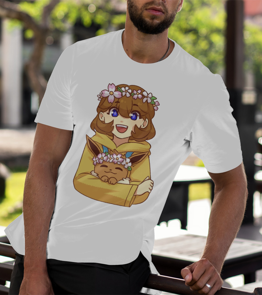 Ash With Flower Crown And Eevee Hugging T-Shirt