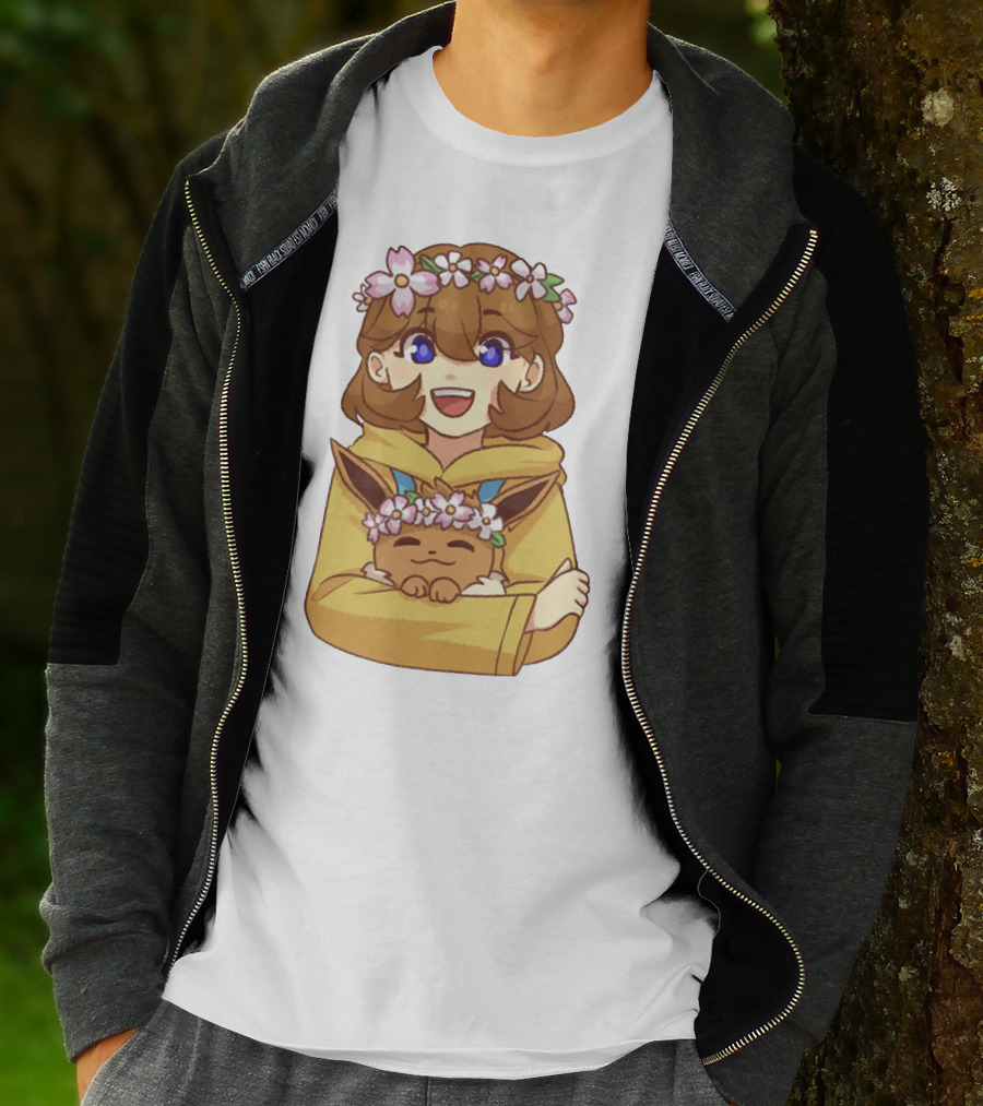 Ash With Flower Crown And Eevee Hugging T-Shirt