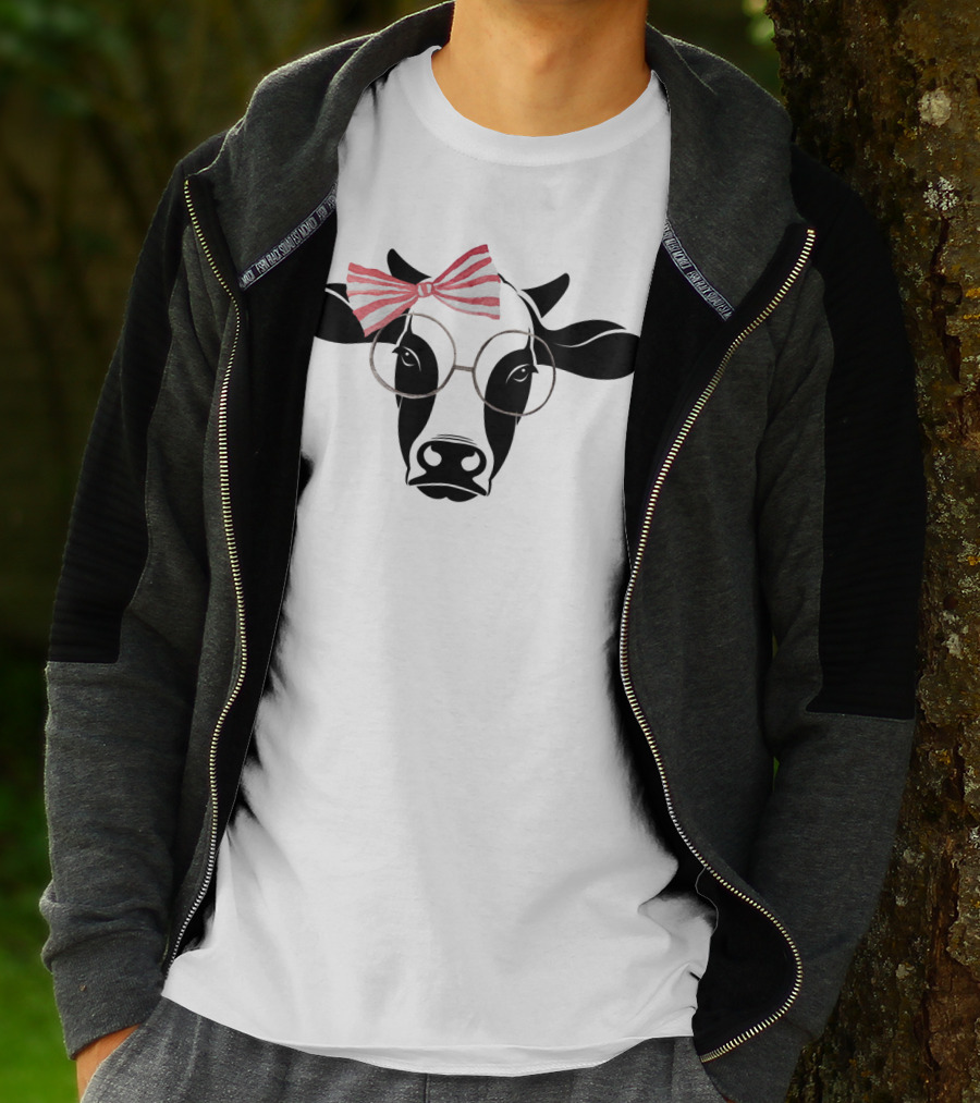 Cute Cow With Pink Striped Bow And Glasses T-Shirt