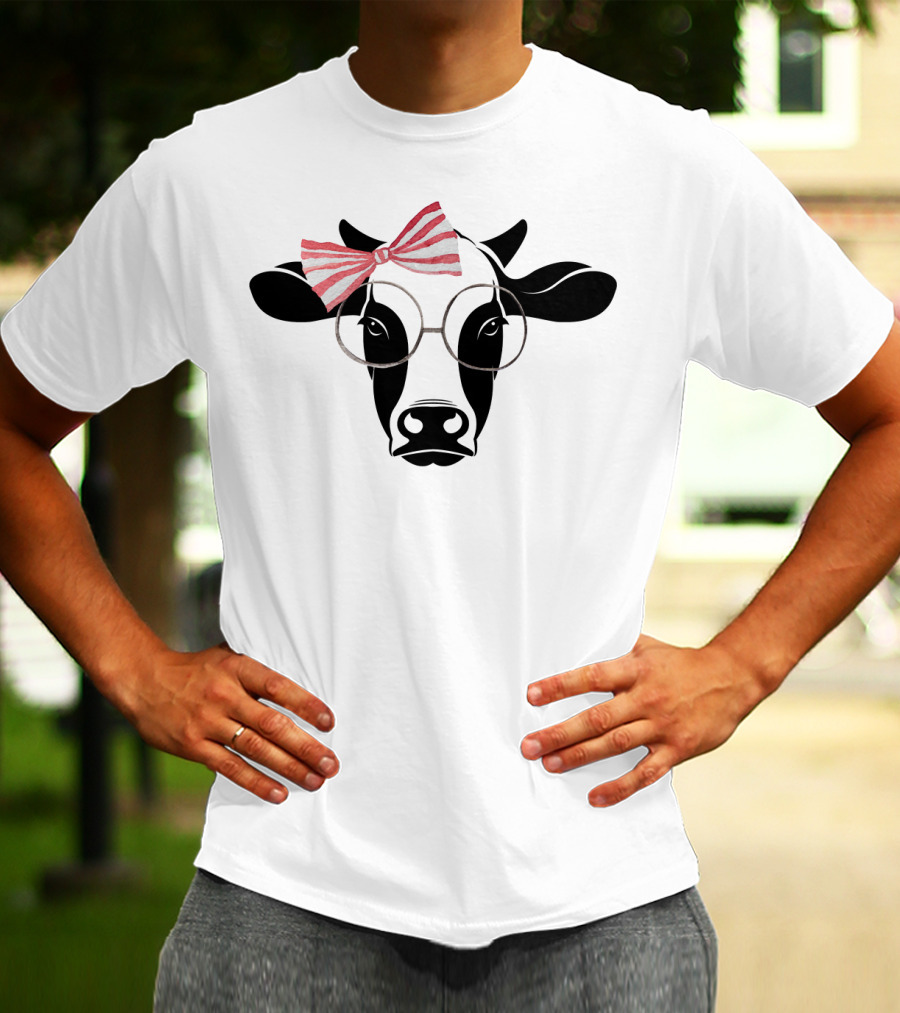 Cute Cow With Pink Striped Bow And Glasses T-Shirt