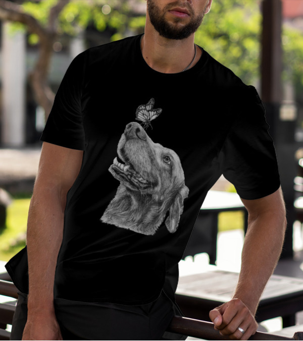 Dog And Butterfly Nose Delight Black And White Sketch T-Shirt