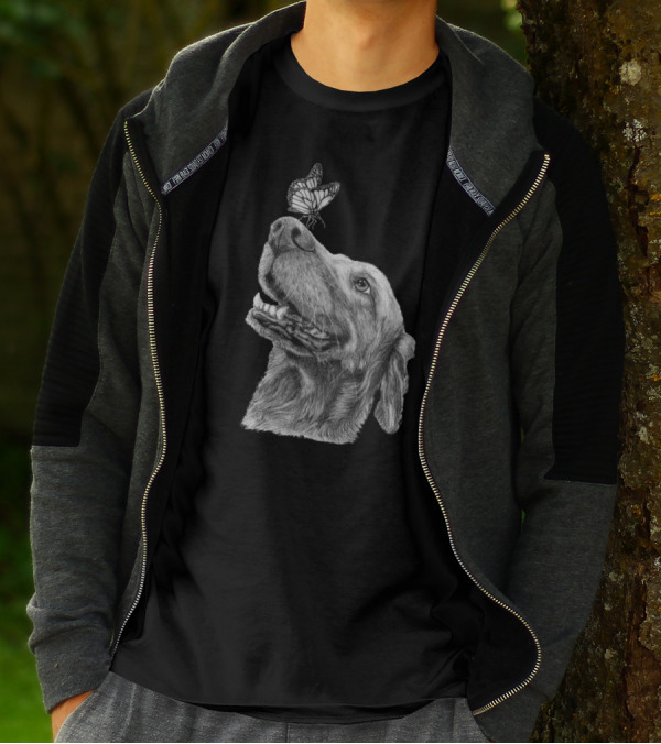 Dog And Butterfly Nose Delight Black And White Sketch T-Shirt
