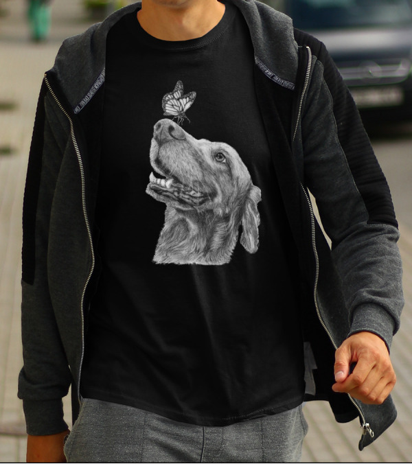 Dog And Butterfly Nose Delight Black And White Sketch T-Shirt