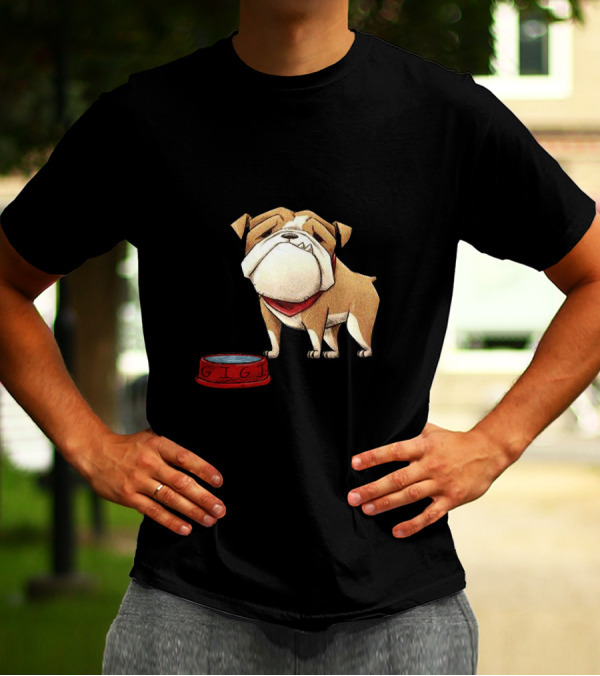 Gigi The Dog Bulldog Illustration With Red Bowl T-Shirt