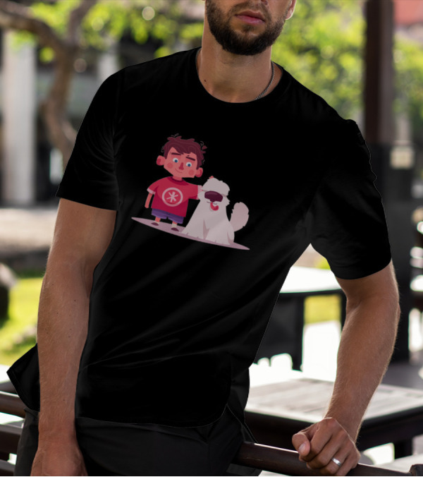 Boy And Dog Cartoon Graphic With Red Shirt And Fluffy White Dog T-Shirt