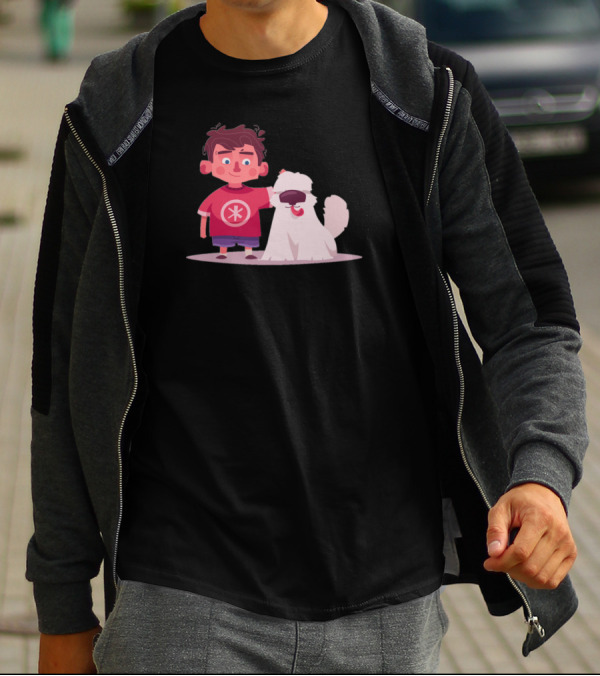 Boy And Dog Cartoon Graphic With Red Shirt And Fluffy White Dog T-Shirt