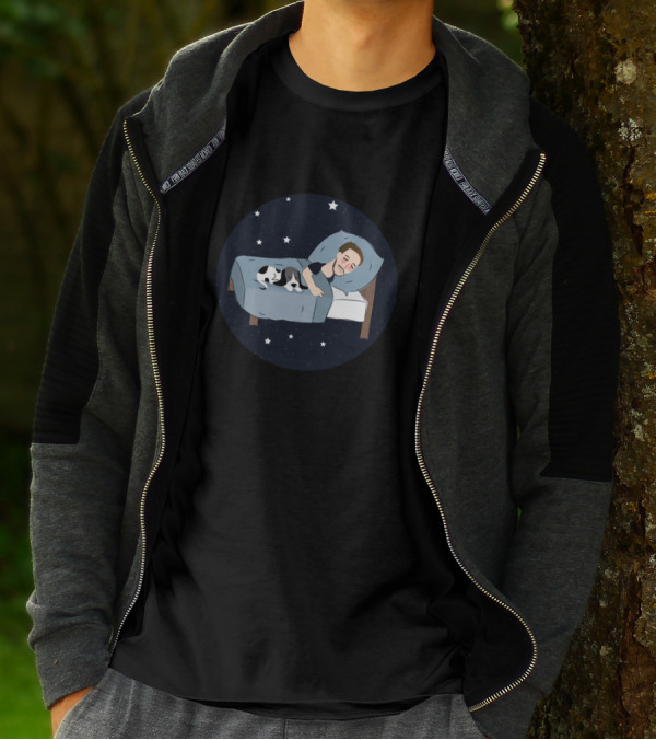 Dog Sleeps With Human Under Starry Night Sky T-Shirt