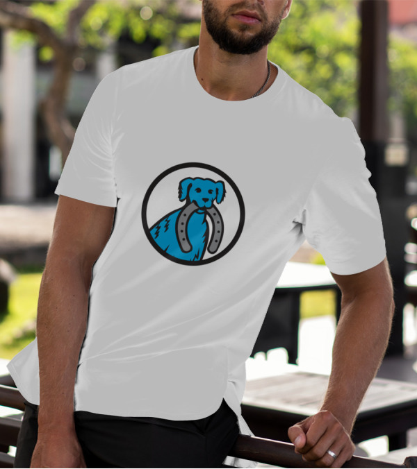 Blue Merle Dog Holding Horseshoe In Circular Emblem T-Shirt