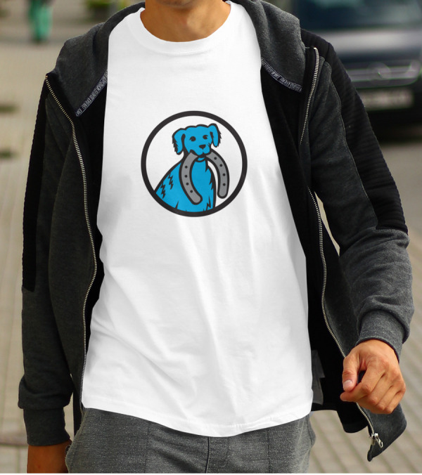 Blue Merle Dog Holding Horseshoe In Circular Emblem T-Shirt