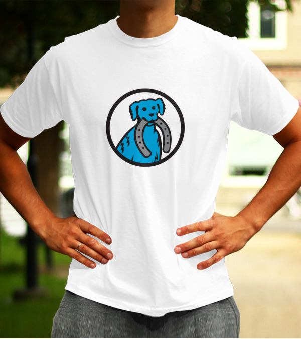 Blue Merle Dog Holding Horseshoe In Circular Emblem T-Shirt
