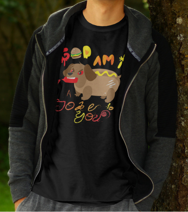 Hot Dog Dachshund Deity Doodle With Playful Text And Burger Elements T-Shirt