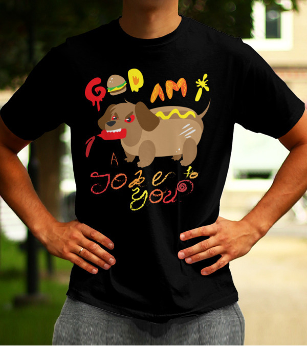 Hot Dog Dachshund Deity Doodle With Playful Text And Burger Elements T-Shirt