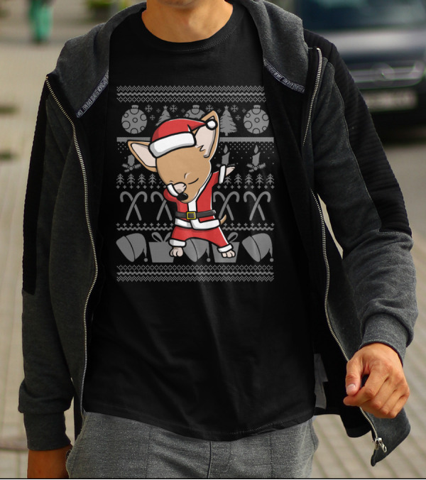 Chihuahua Dabbing Dog Dab Dance Move In Santa Costume With Christmas Candy Canes And Gifts T-Shirt