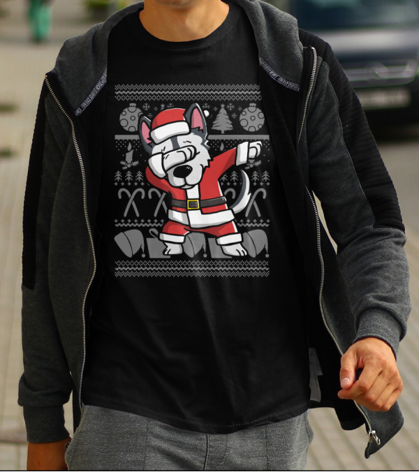 Santa Husky Dabbing Dance Move Christmas Ugly T-Shirt