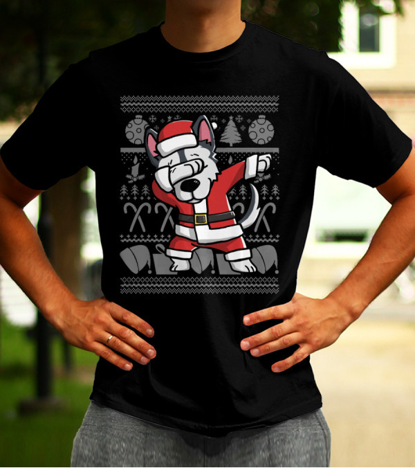 Santa Husky Dabbing Dance Move Christmas Ugly T-Shirt