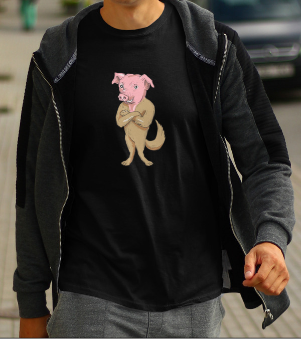Crossed Arms Pig Dog Cartoon Character T-Shirt