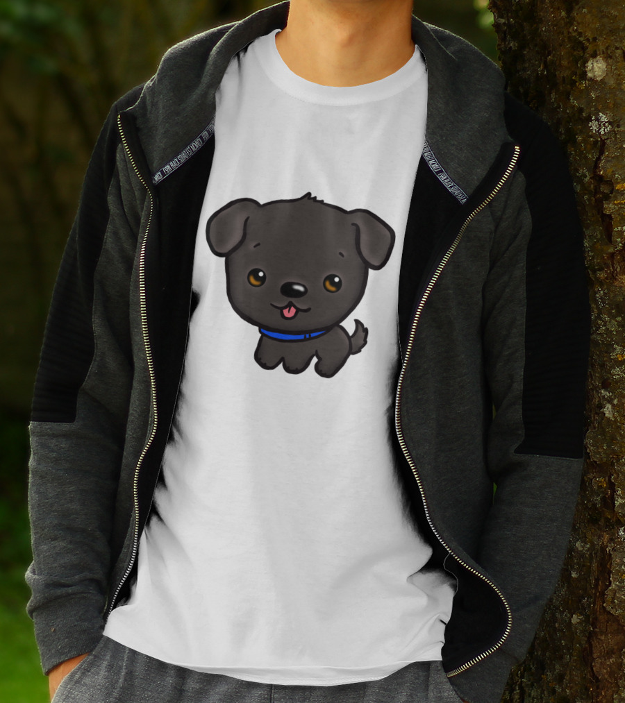 Charming Black Labrador Puppy Cartoon With Blue Collar T-Shirt