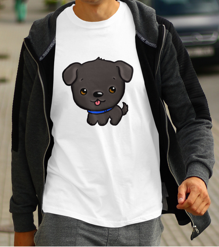 Charming Black Labrador Puppy Cartoon With Blue Collar T-Shirt