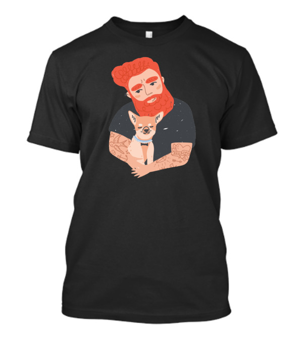 Tattooed Bearded Man Embracing Chihuahua With Arm Tattoos T-Shirt