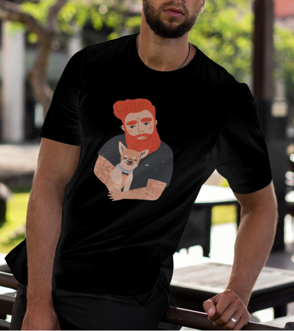 Tattooed Bearded Man Embracing Chihuahua With Arm Tattoos T-Shirt