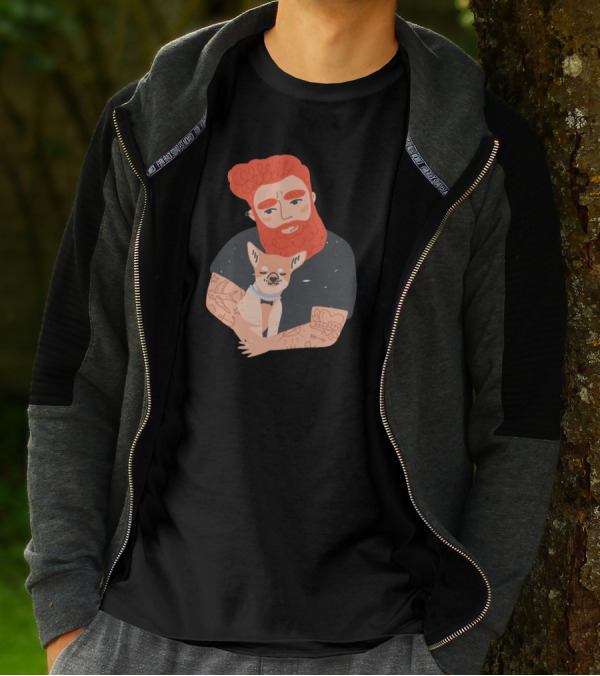 Tattooed Bearded Man Embracing Chihuahua With Arm Tattoos T-Shirt