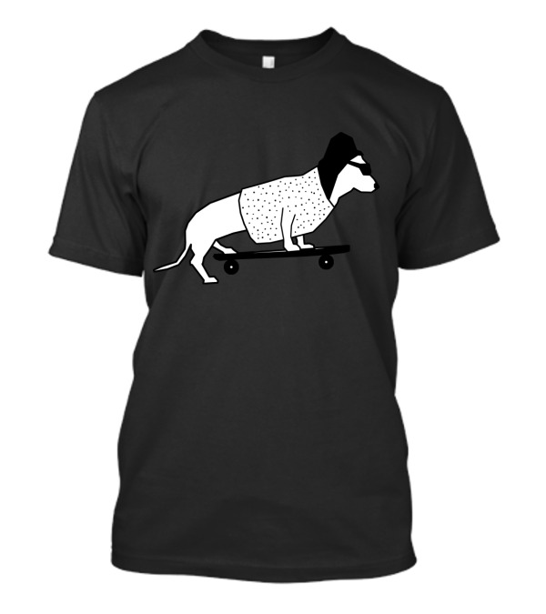 Dog Wearing Sunglasses On Skateboard With Polka Dot T-Shirt