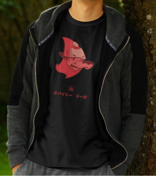Spicy Dog Red Hot Japanese Text Cartoon Style Red Dog Firefighter Hat T-Shirt