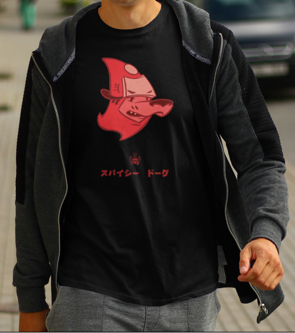 Spicy Dog Red Hot Japanese Text Cartoon Style Red Dog Firefighter Hat T-Shirt