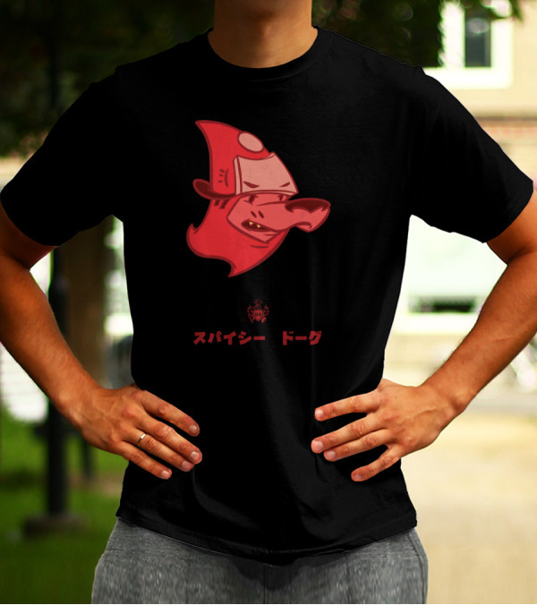 Spicy Dog Red Hot Japanese Text Cartoon Style Red Dog Firefighter Hat T-Shirt