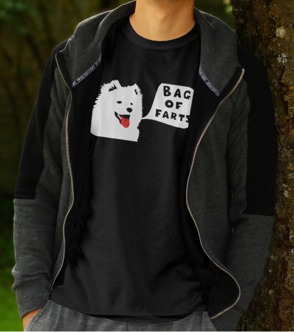 Bag Of Farts White Dog Black Frame T-Shirt