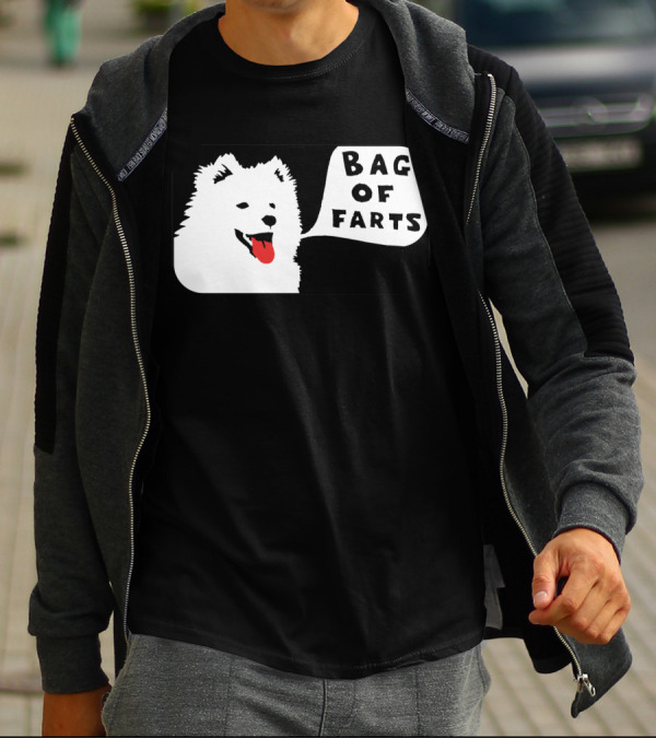 Bag Of Farts White Dog Black Frame T-Shirt