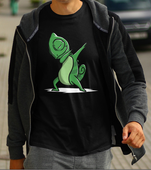 Chameleon Performing Dab Dance Move In Green Cartoon T-Shirt