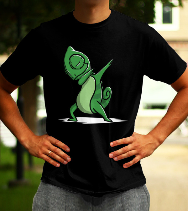 Chameleon Performing Dab Dance Move In Green Cartoon T-Shirt