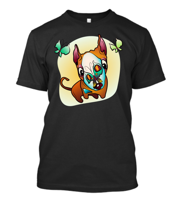 Curious Bull Terrier Dog With Colorful Butterflies And Whimsical T-Shirt