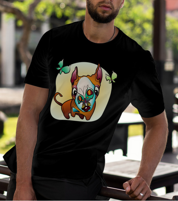 Curious Bull Terrier Dog With Colorful Butterflies And Whimsical T-Shirt