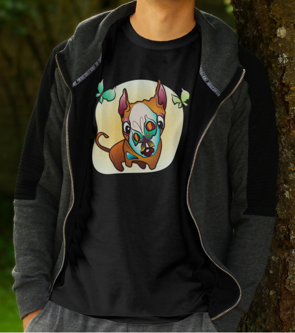 Curious Bull Terrier Dog With Colorful Butterflies And Whimsical T-Shirt