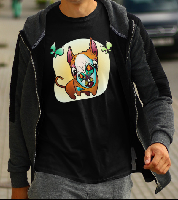 Curious Bull Terrier Dog With Colorful Butterflies And Whimsical T-Shirt