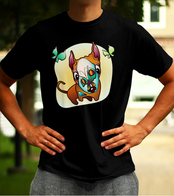 Curious Bull Terrier Dog With Colorful Butterflies And Whimsical T-Shirt