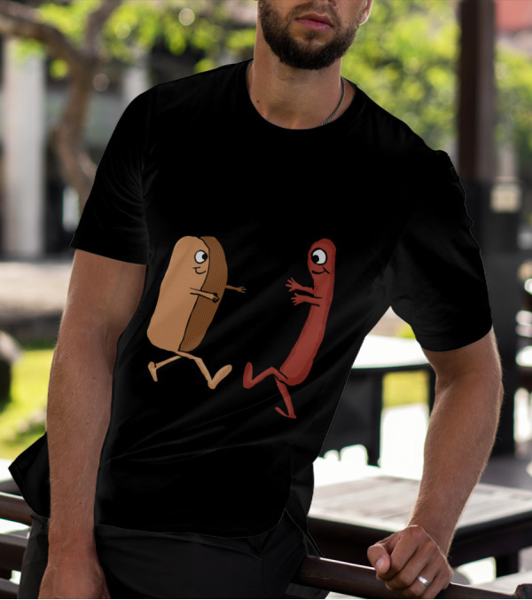 Wiener And Hot Dog Bun Couple Illustration With Cartoon Characters T-Shirt