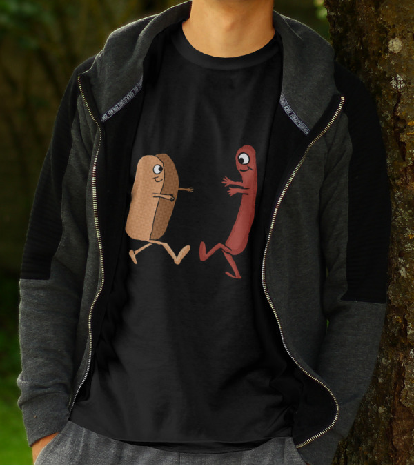 Wiener And Hot Dog Bun Couple Illustration With Cartoon Characters T-Shirt