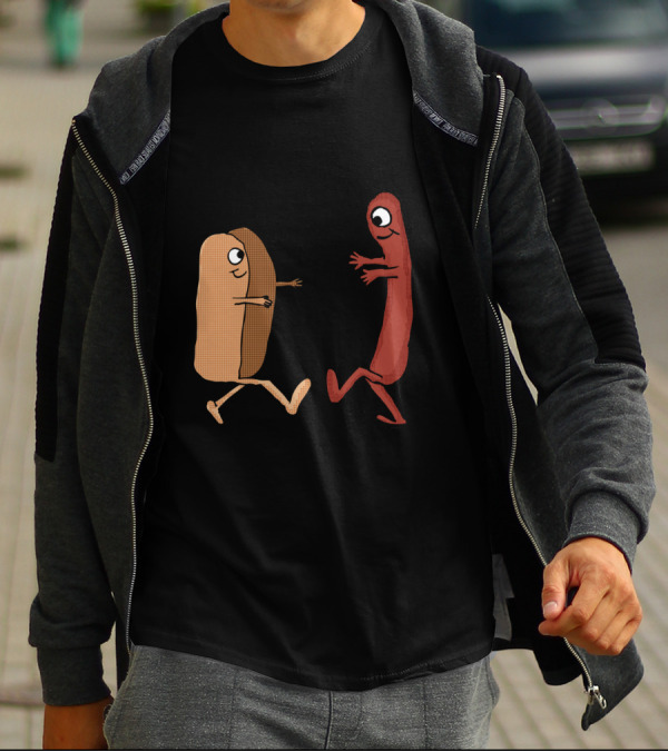 Wiener And Hot Dog Bun Couple Illustration With Cartoon Characters T-Shirt