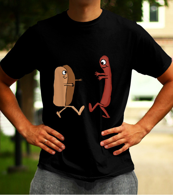 Wiener And Hot Dog Bun Couple Illustration With Cartoon Characters T-Shirt