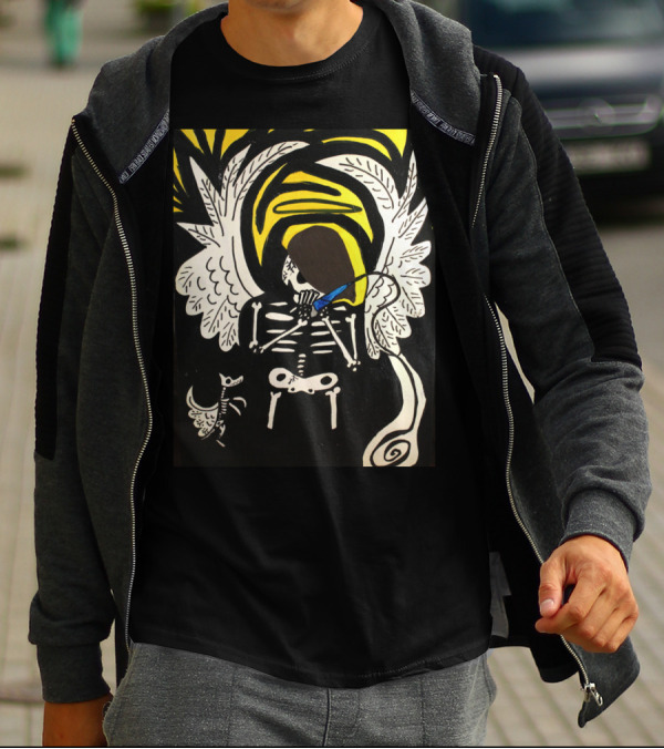 Tony Johnson And His Dog Ace Surreal Skeleton With Angel Wings And Halo T-Shirt