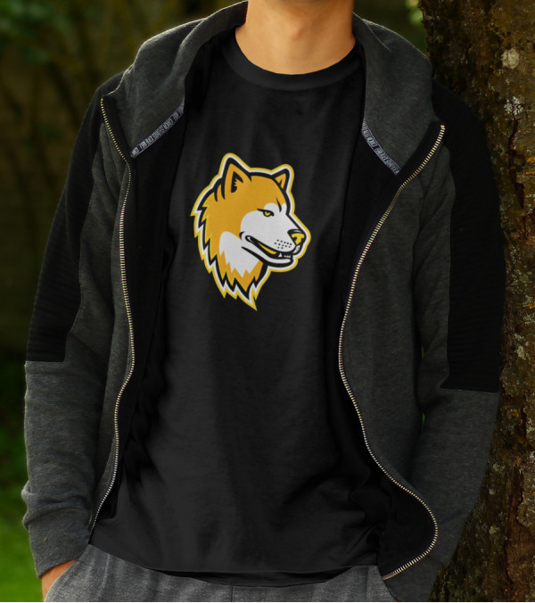 Japanese Akita Inu Dog Mascot In Bold Yellow T-Shirt